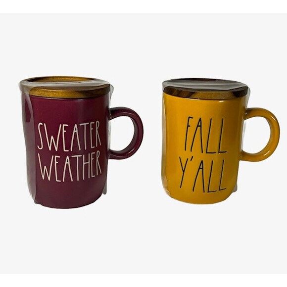 Rae Dunn Set of 2 Ceramic Mugs With Wooden Lids FALL Y'ALL SWEATER  & WEATHER - Picture 1 of 3